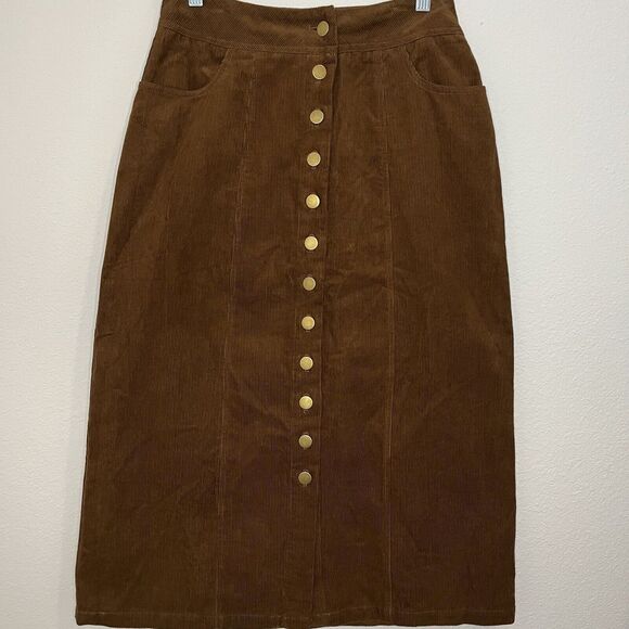 NWT Lulus Corduroy Midi Length Button Front Skirt Seasonal Feelings Brown Size S - Picture 2 of 13